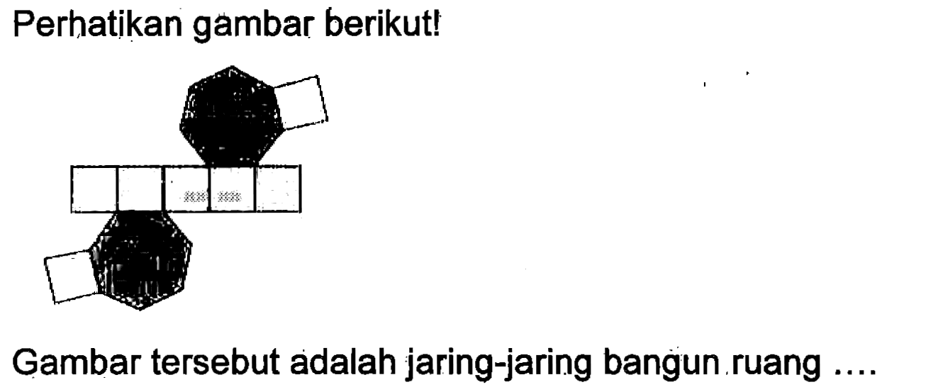 Perhatikan gambar berikut!
Gambar tersebut adalah jaring-jaring bangun ruang ....