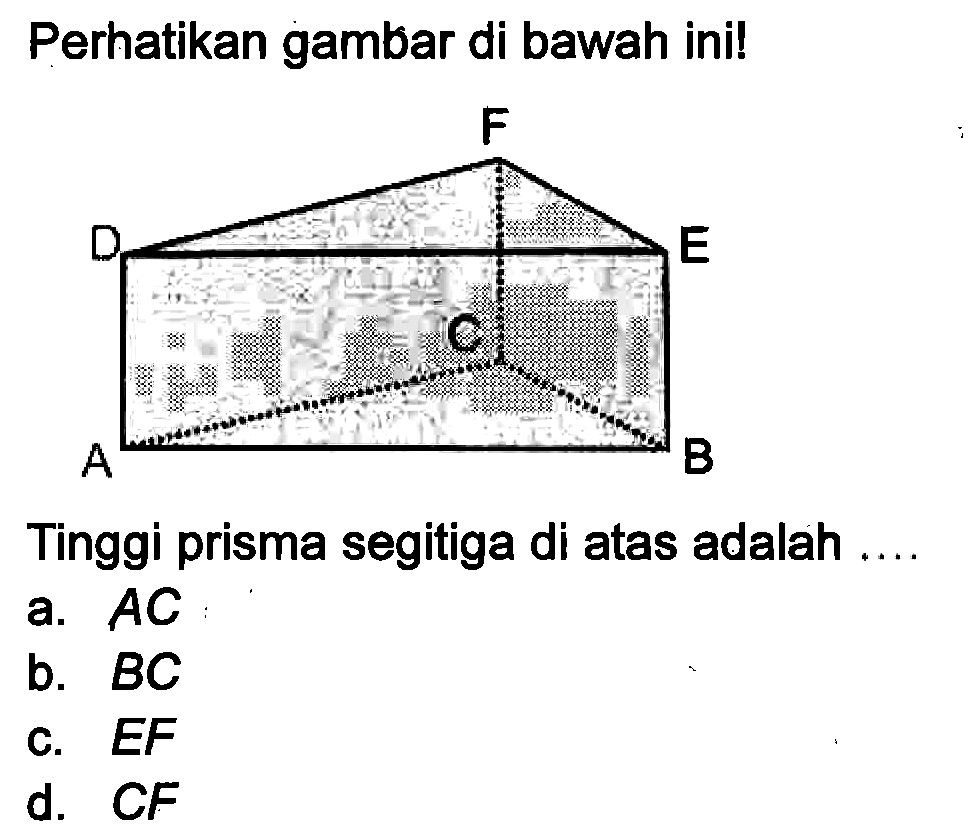 Perhatikan gambar di bawah ini!
D F E A C B 
Tinggi prisma segitiga di atas adalah ....
a.  AC 
b.  BC 
c.  EF 
d.  CF 