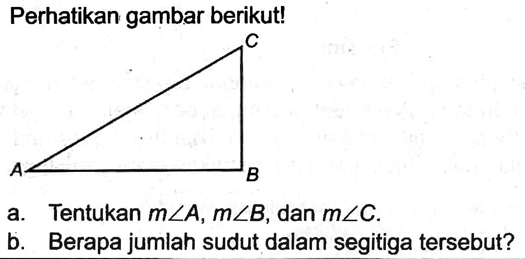 Perhatikan gambar berikut!
a. Tentukan  m sudut A, m sudut B , dan  m sudut C .
b. Berapa jumlah sudut dalam segitiga tersebut?