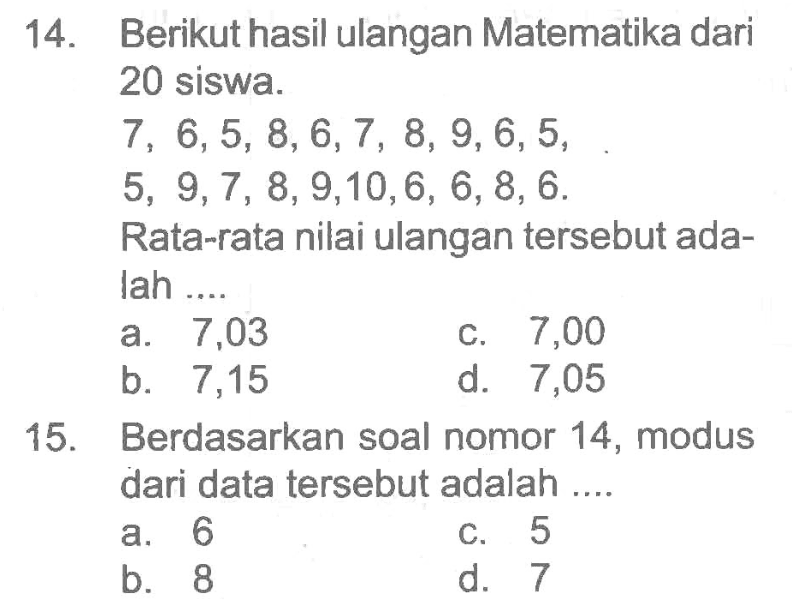 14. Berikut hasil ulangan Matematika dari 20 siswa.
7,6,5,8,6,7,8,9,6,5 5,9,7,8,9,10,6,6,8,6 .
Rata-rata nilai ulangan tersebut adalah ....
a. 7,03
c. 7,00
b. 7,15
d. 7,05
15. Berdasarkan soal nomor 14 , modus dari data tersebut adalah ....
a. 6
c. 5
b. 8
d. 7