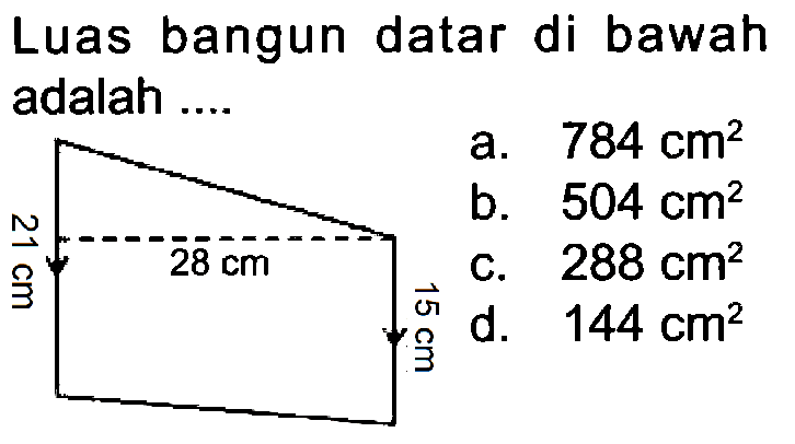 Luas bangun datar di bawah adalah .... 
a. 784 cm^2 
b. 504 cm^2 
c. 288 cm^2 
d. 144 cm^2 