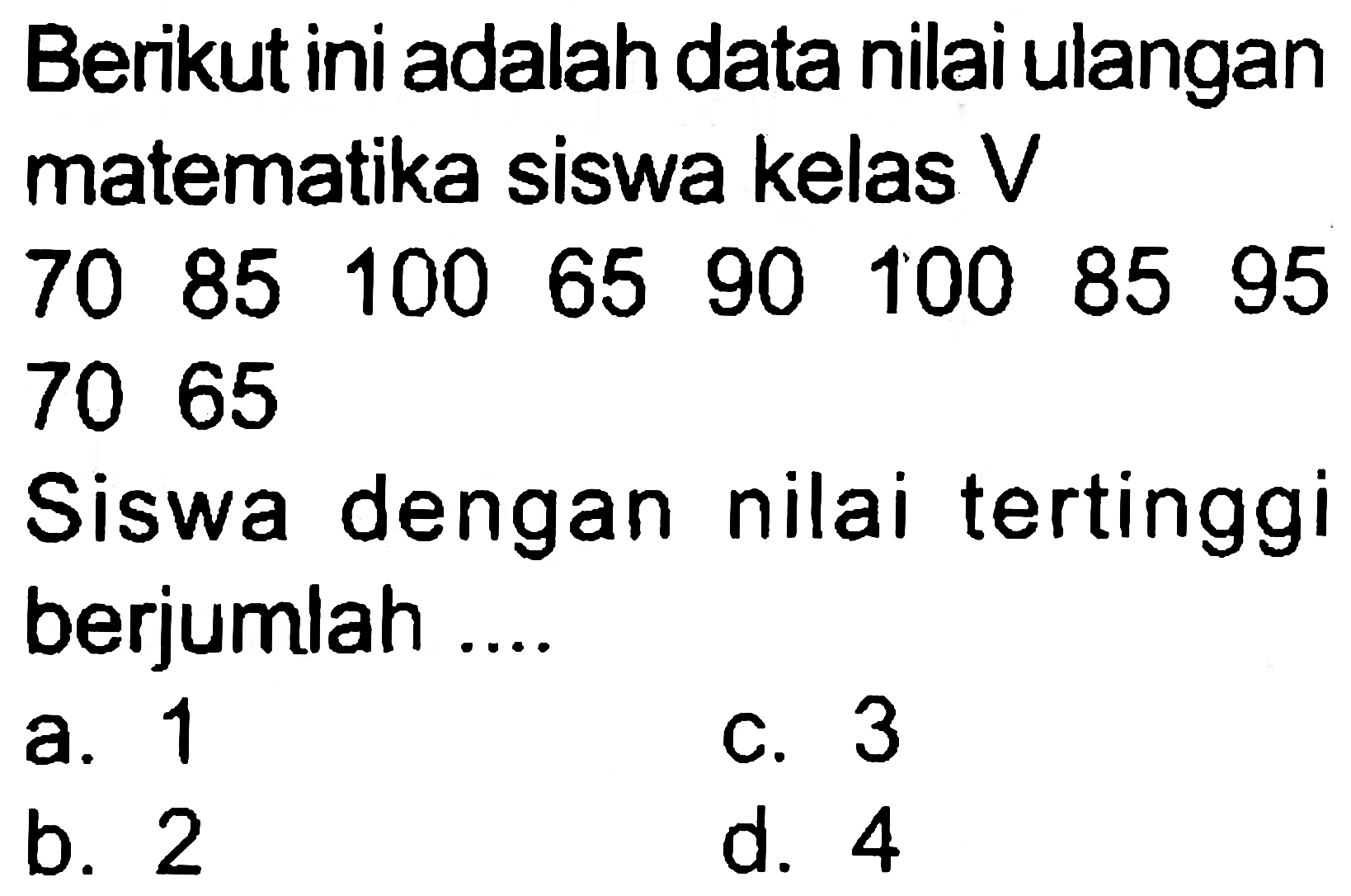 Berikut ini adalah data nilai ulangan matematika siswa kelas  V 
 70  85  100  65  90  100  85  95  7065
Siswa dengan nilai tertinggi berjumlah ....
a. 1
c. 3
b. 2
d. 4