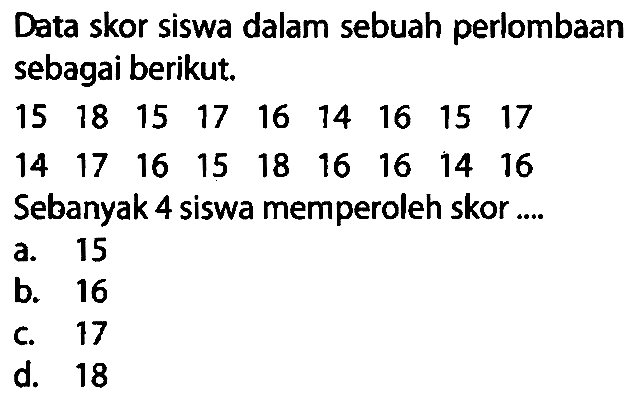 Data skor siswa dalam sebuah perlombaan sebagai berikut.
 15  18  15  17  16  14  16  15  17 
 14  17  16  15  18  16  16  14  16 
Sebanyak 4 siswa memperoleh skor ....
a. 15
b. 16
c. 17
d. 18