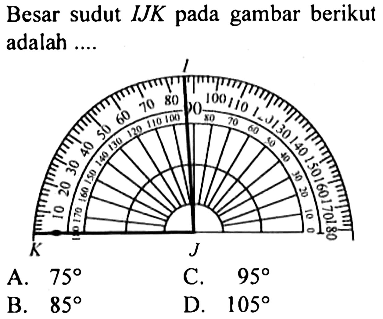 Besar sudut  I J K  pada gambar berikut adalah ....
A.  75 
C.  95 
B.  85 
D.  105 