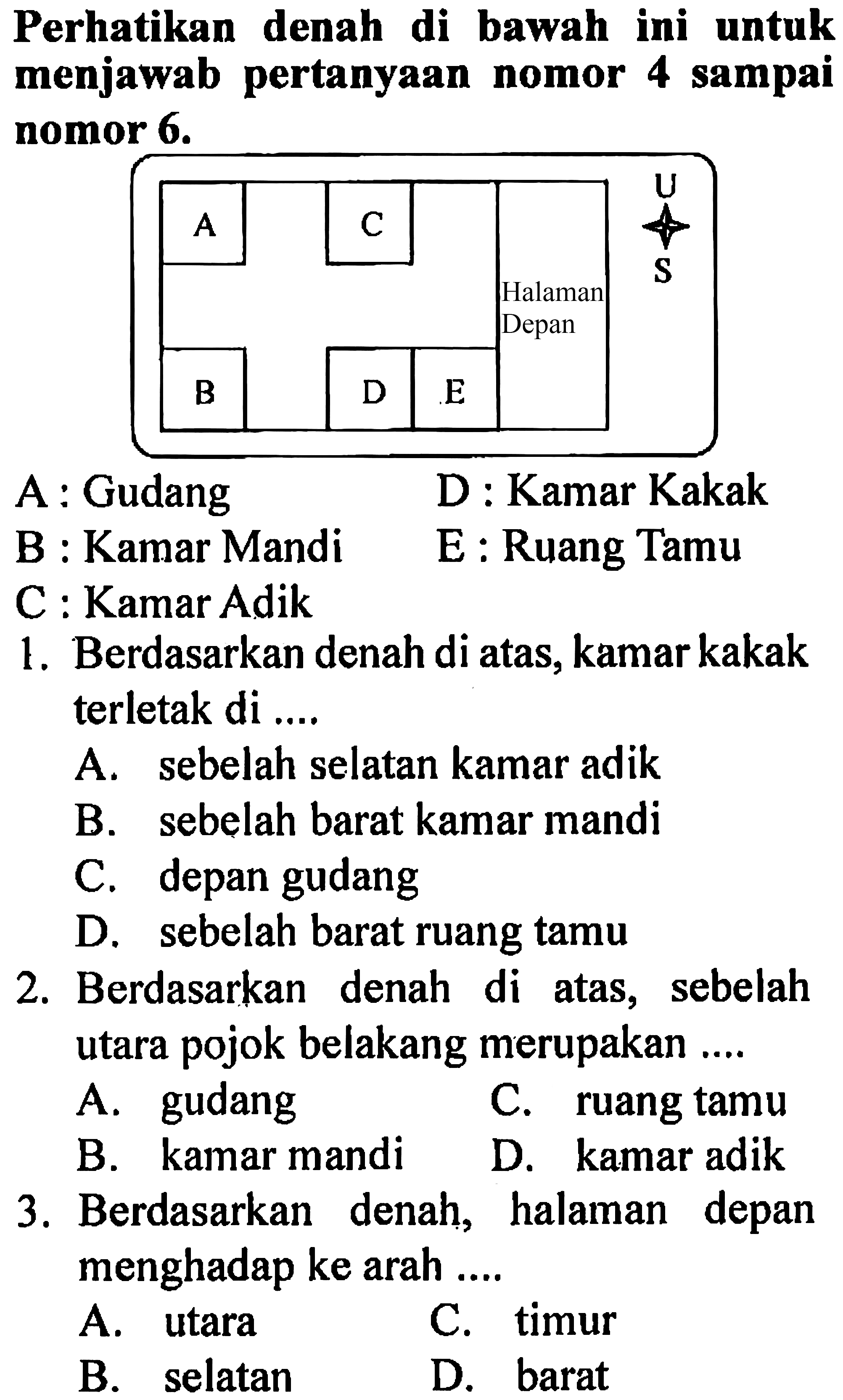 Perhatikan denah di bawah ini untuk menjawab pertanyaan nomor 4 sampai nomor  6 . 
A : Gudang D : Kamar Kakak
B : Kamar Mandi E : Ruang Tamu
C : Kamar Adik
1. Berdasarkan denah di atas, kamar kakak terletak di ....
A. sebelah selatan kamar adik
B. sebelah barat kamar mandi
C. depan gudang
D. sebelah barat ruang tamu
2. Berdasarkan denah di atas, sebelah utara pojok belakang merupakan ....
A. gudang
C. ruang tamu
B. kamar mandi
D. kamar adik
3. Berdasarkan denah, halaman depan menghadap ke arah ....
A. utara
C. timur
B. selatan
D. barat