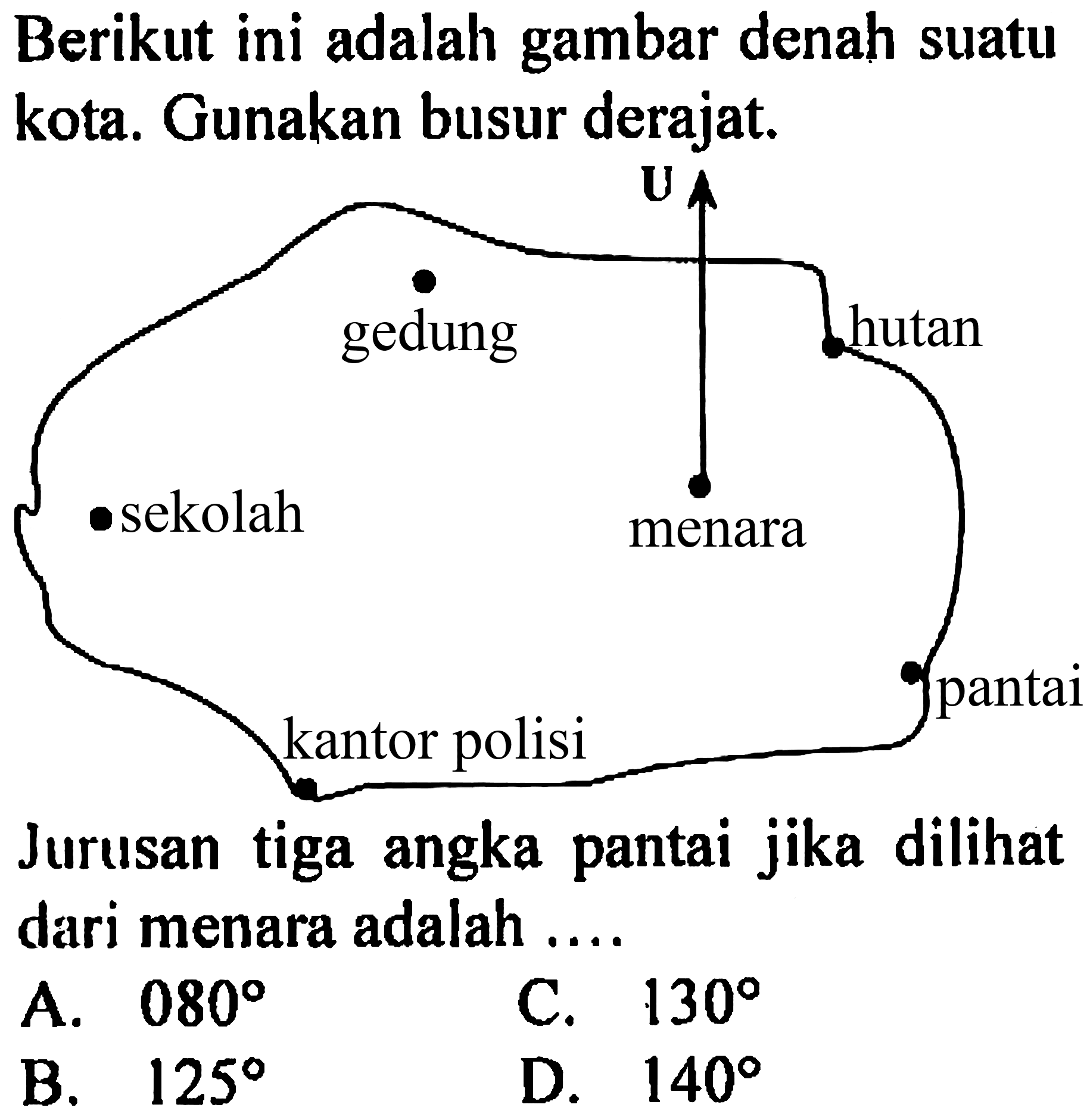 Berikut ini adalah gambar denah suatu kota. Gunakan busur derajat.
U 
gedung hutan 
sekolah menara 
kantor polisi pantai 
Jurusan tiga angka pantai jika dilihat dari menara adalah ....
A.  080 
C.  130 
B.  125 
D.  140 