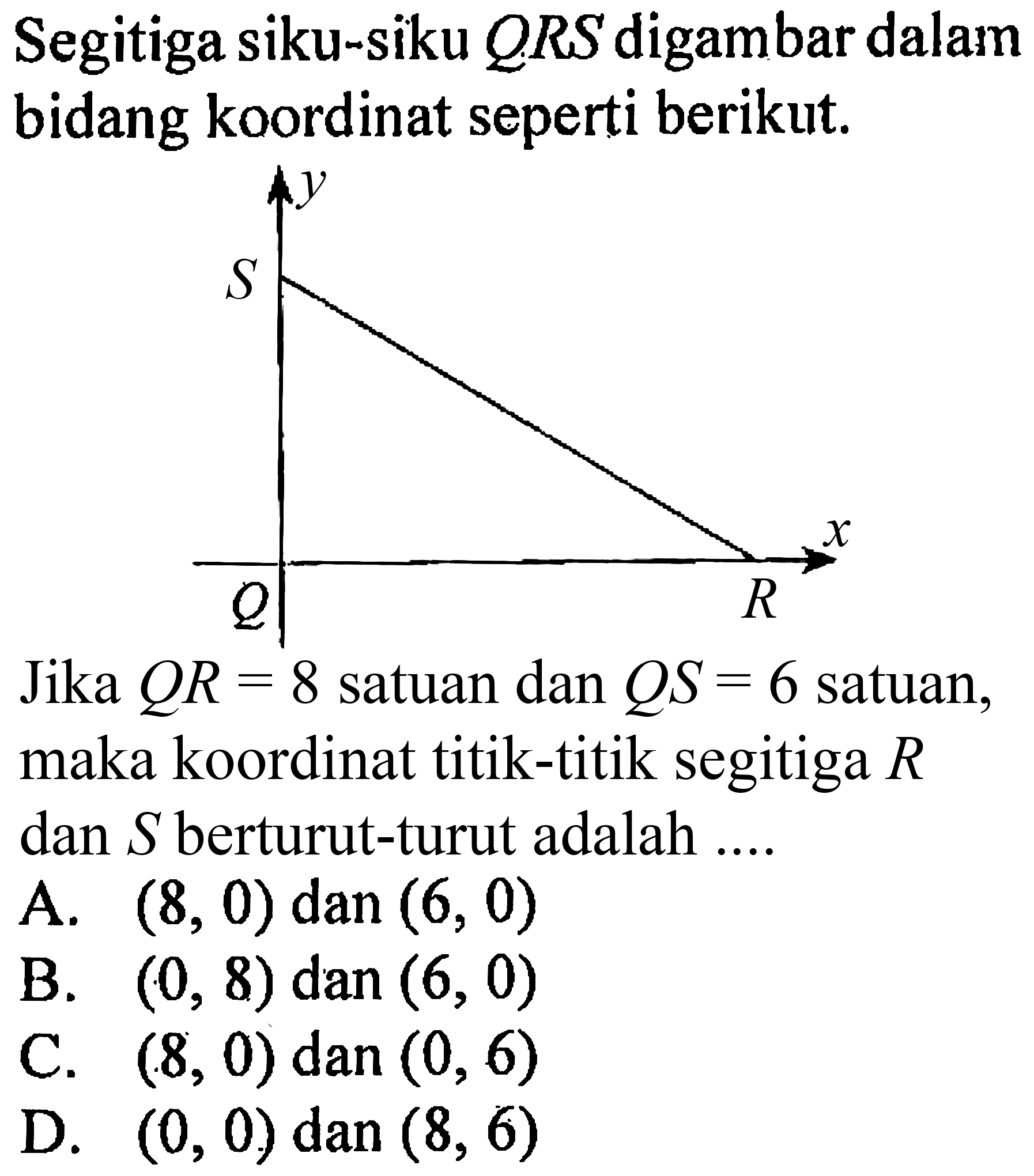 Segitiga siku-siku  Q R S  digambar dalam bidang koordinat seperti berikut.

Jika  Q R=8  satuan dan  Q S=6  satuan, maka koordinat titik-titik segitiga  R  dan  S  berturut-turut adalah ....
A.  (8,0)  dan  (6,0) 
B.  (0,8) dan(6,0) 
C.  (8,0)  dan  (0,6) 
D.  (0,0)  dan  (8,6) 