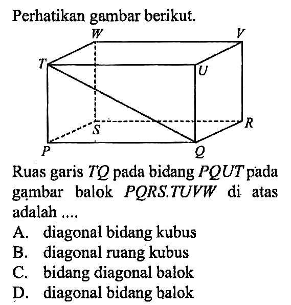 Perhatikan gambar berikut.
W V T U S R P Q 
Ruas garis TQ pada bidang PQUT pada gambar balok PQRS.TUVW di atas adalah ....
A. diagonal bidang kubus
B. diagonal ruang kubus
C. bidang diagonal balok
D. diagonal bidang balok