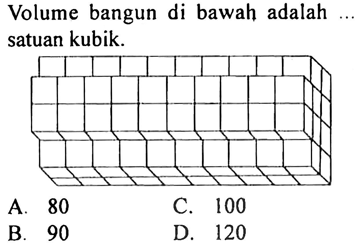 Volume bangun di bawah adalah ... satuan kubik.
A. 80
C. 100
B. 90
D. 120