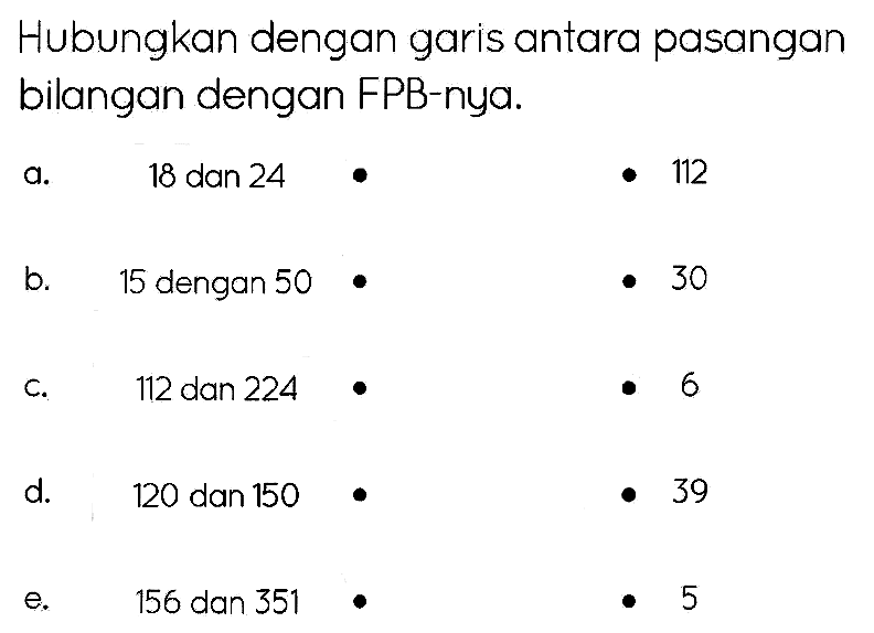 Hubungkan dengan garis antara pasangan bilangan dengan FPB-nya.
a. 18 dan  24 .  . 112 
b. 15 dengan  50 .  . 
c. 112 dan 224 • 6
d. 120 dan  150  .   • 39
e. 156 dan  351 .   • 5