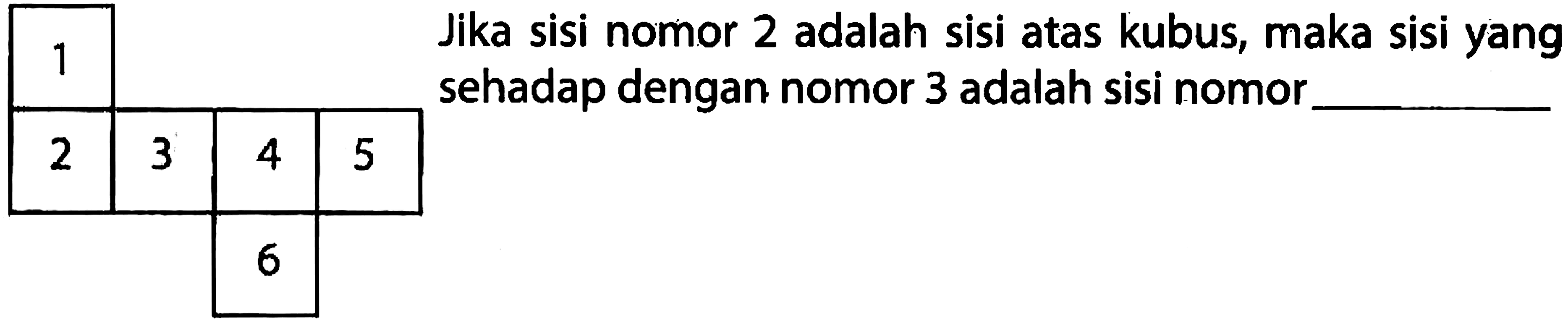 Jika sisi nomor 2 adalah sisi atas kubus, maka sisi yang sehadap dengan nomor 3 adalah sisi nomor ... 1 2 3 4 5 6