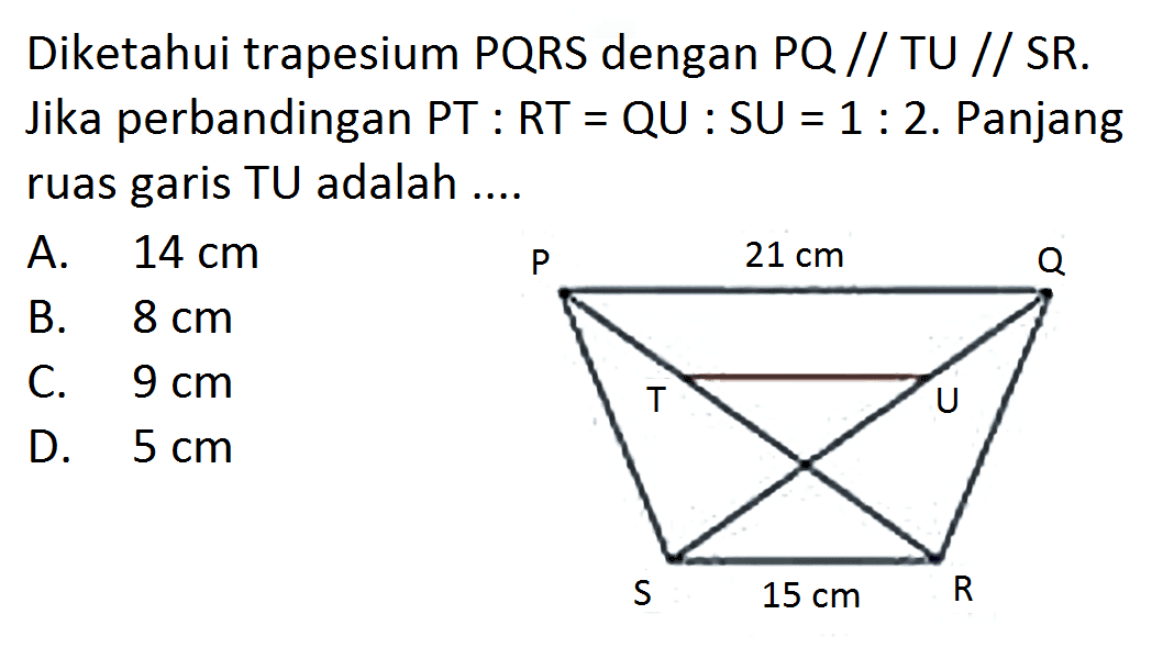 Diketahui trapesium PQRS dengan PQ//TU//SR. Jika perbandingan PT:RT=QU:SU=1:2. Panjang ruas garis TU adalah .... 