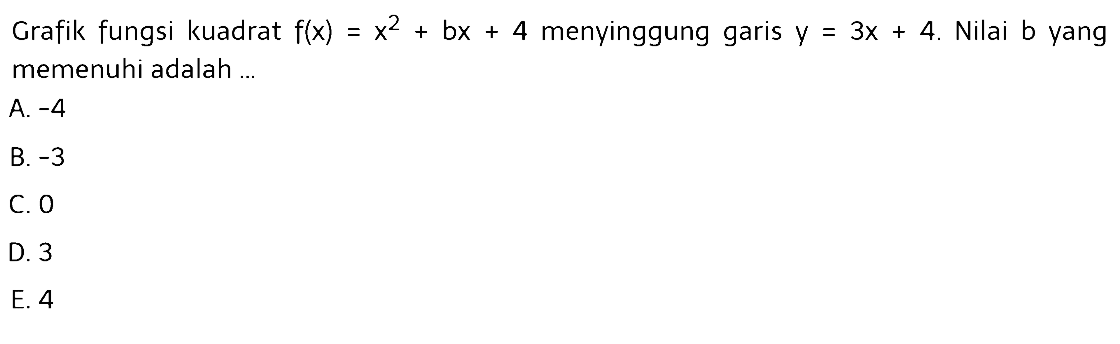 X2Grafik fungsi kuadrat f(x)=x^2+bx+4 menyinggung garis y=3x+4. Nilai b yang memenuhi adalah 