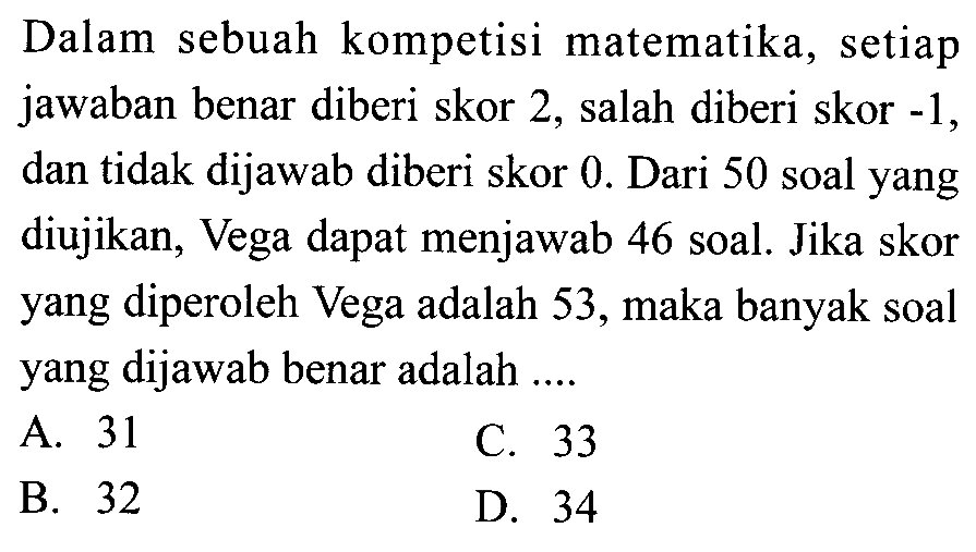 Dalam sebuah kompetisi matematika, setiap jawaban benar diberi skor 2, salah diberi skor -1, dan tidak dijawab diberi skor 0. Dari 50 soal yang diujikan, Vega dapat menjawab 46 soal. Jika skor yang diperoleh Vega adalah 53, maka banyak soal yang dijawab benar adalah .....