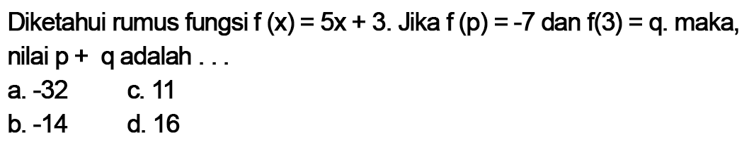 Diketahui rumus fungsi  f(x)=5x+3. Jika f(p)=-7 dan f(3)=q. maka, nilai  p+q  adalah...