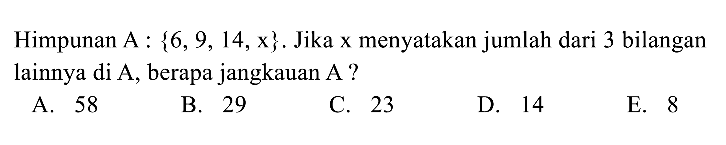 Himpunan A : {6, 9, 14, x}. Jika x menyatakan jumlah dari 3 bilangan lainnya di A, berapa jangkauan A?