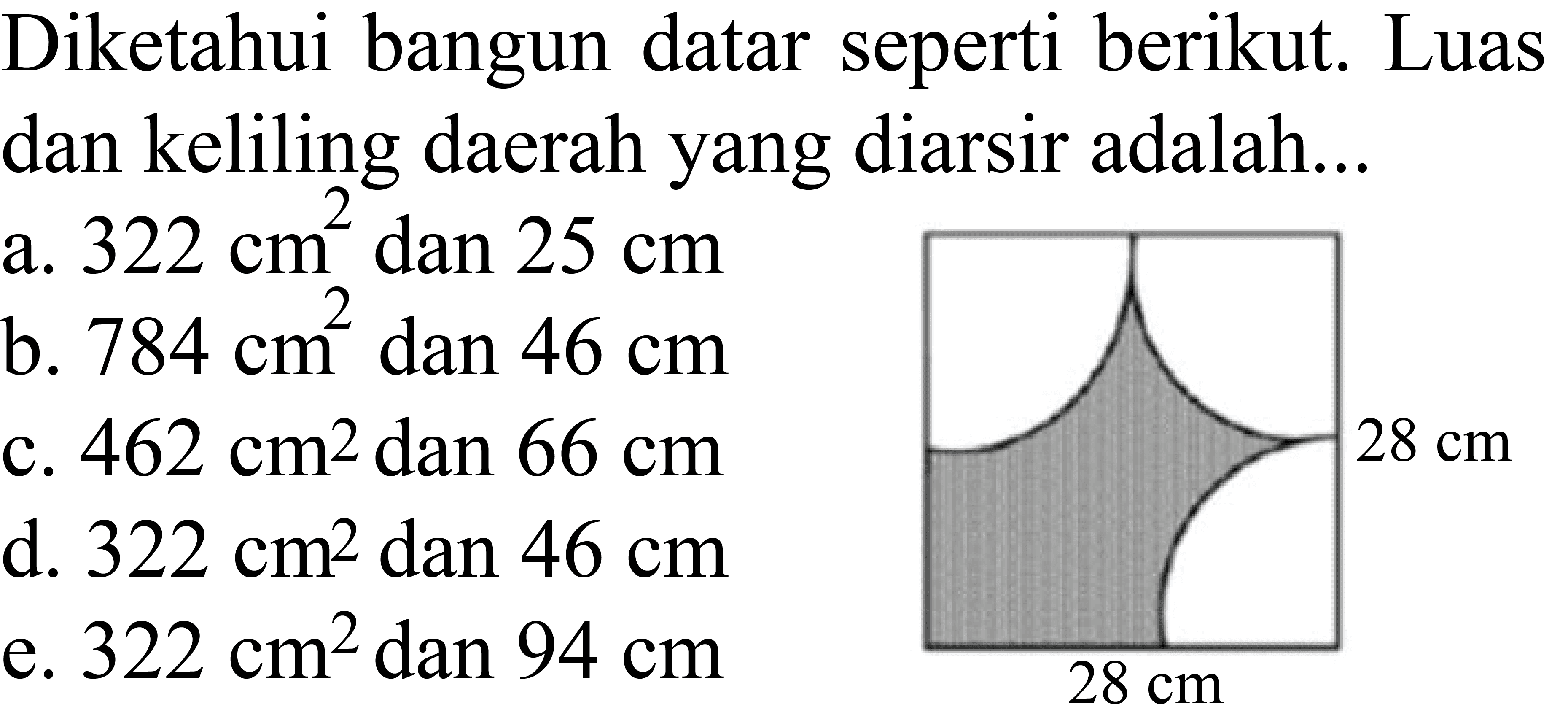 28 cm 28 cm
Diketahui bangun datar seperti berikut. Luas dan keliling daerah yang diarsir adalah...
a.  322 cm^2  dan  25 cm 
b.  784 cm^2  dan  46 cm 
c.  462 cm^2  dan  66 cm 
d.  322 cm^2  dan  46 cm 