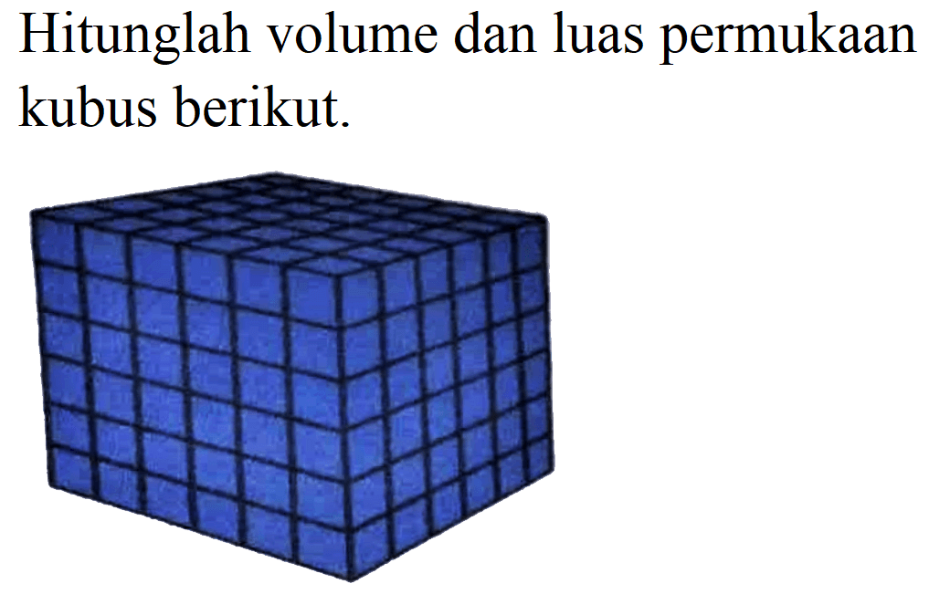 Hitunglah volume dan luas permukaan kubus berikut.