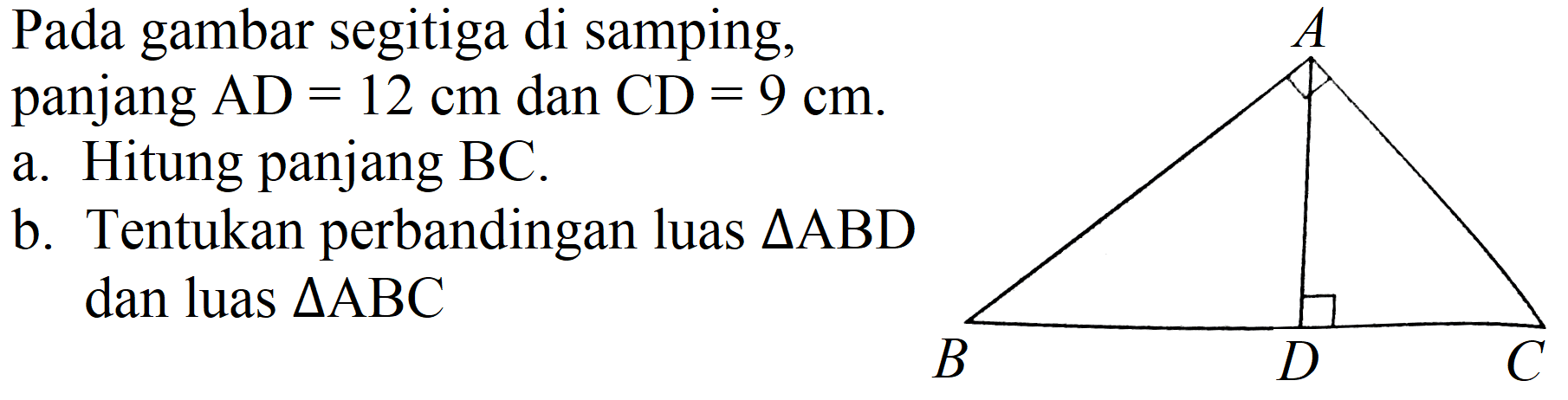 Pada gambar segitiga disamping.
panjang AD=12 cm dan CD 9 cm
a. Hitung panjang BC
b. Tentukan perbandingan luas segitiga ABD dan luas segitiga ABC
A B D C