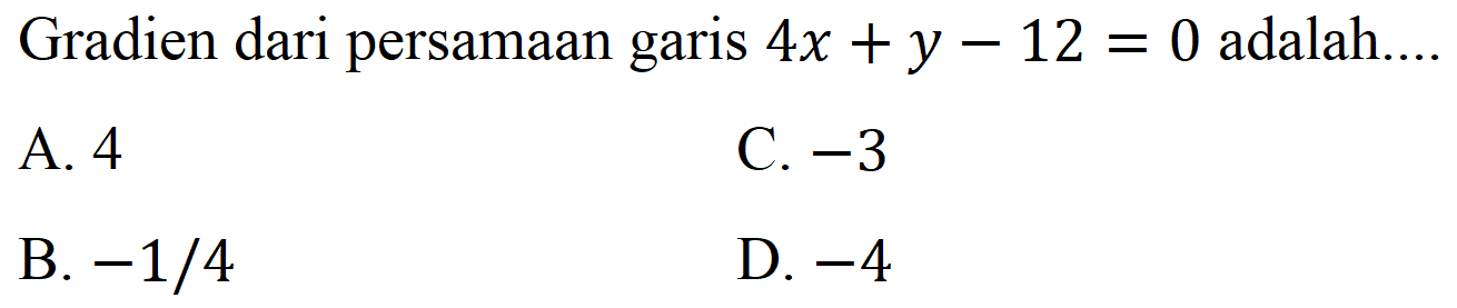 Gradien dari persamaan garis 4x+y-12=0 adalah....