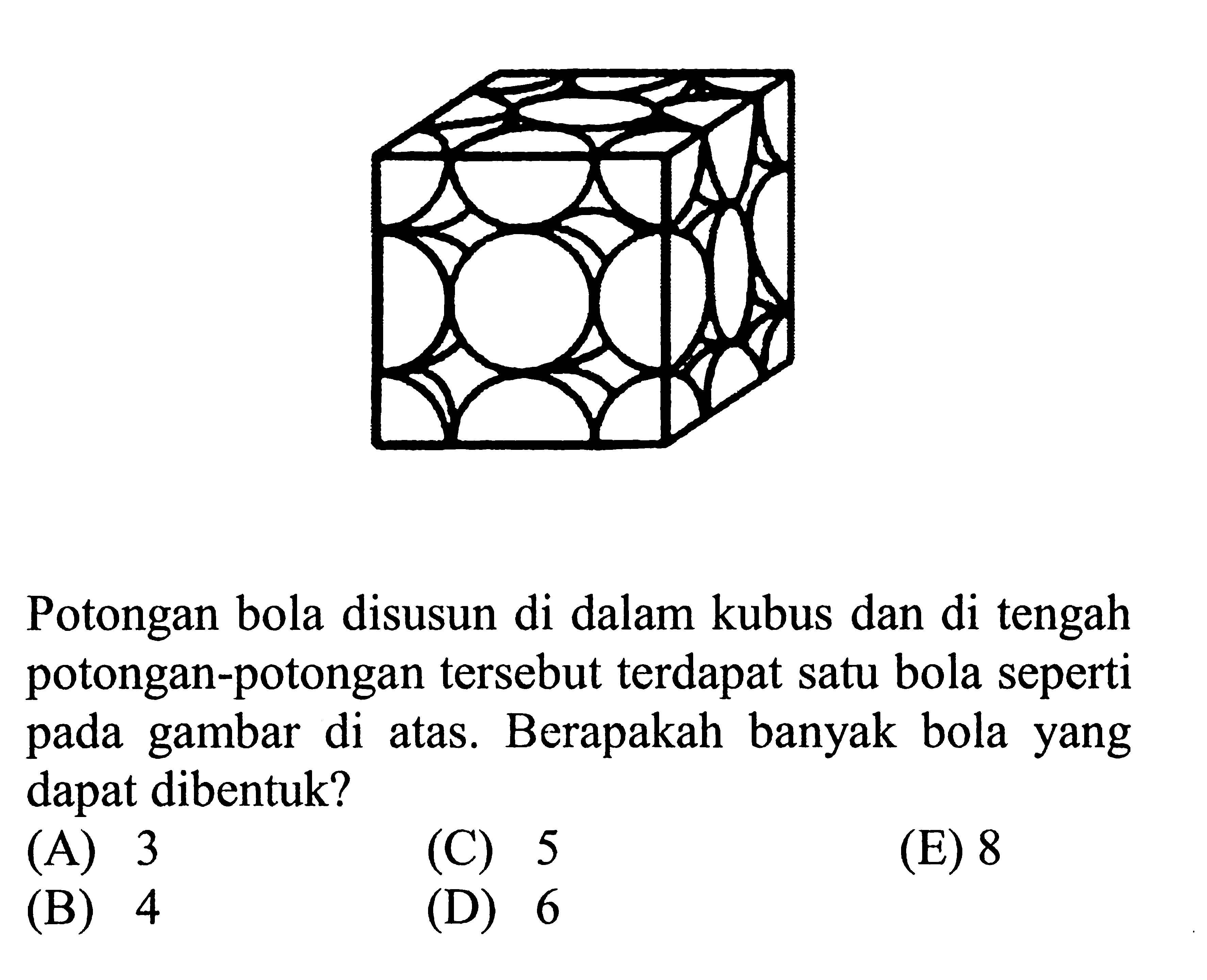 Potongan bola disusun di dalam kubus dan di tengah potongan-potongan tersebut terdapat satu bola seperti pada gambar atas. Berapakah banyak bola yang di dapat dibentuk? (A)3 (C) 5 (E) 8 (B) 4 (D) 6