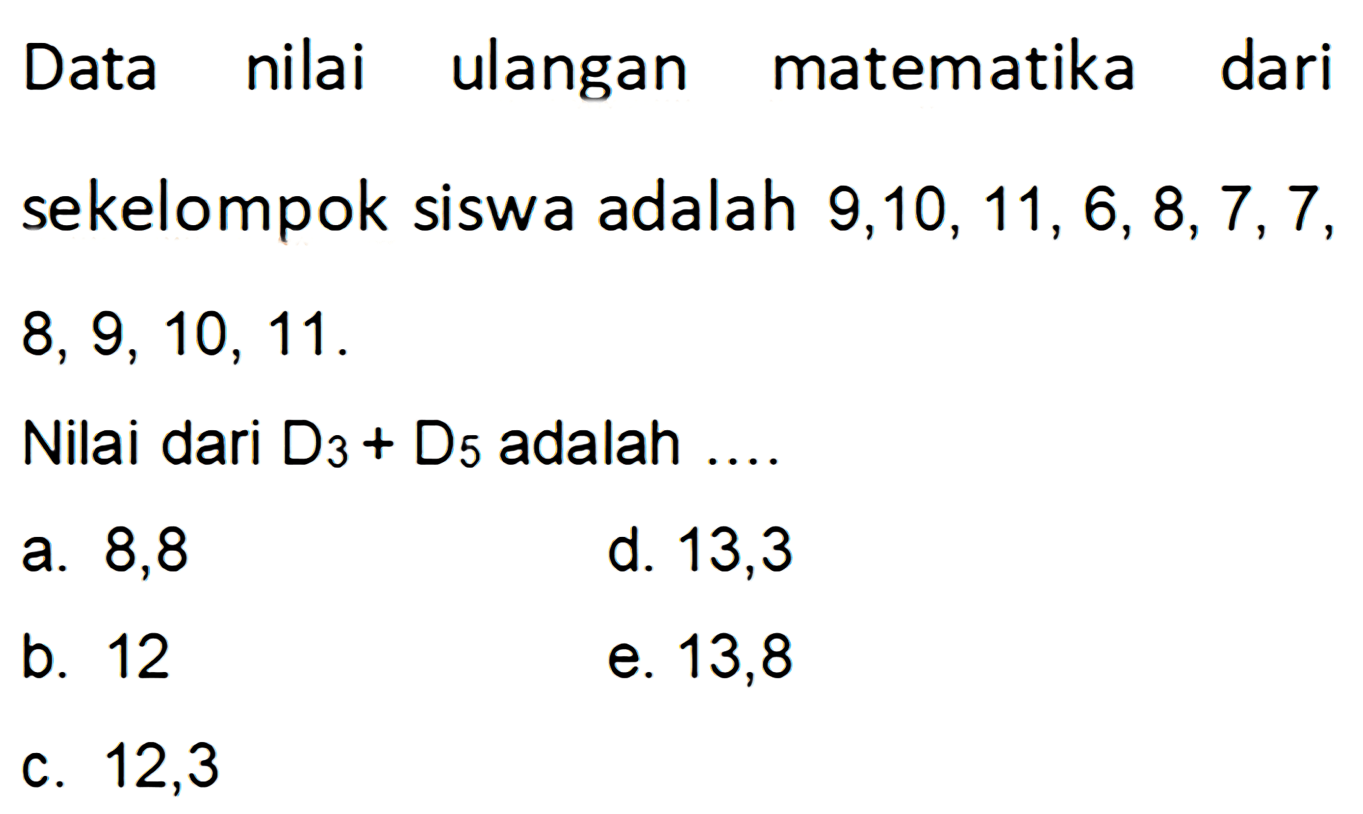 Data nilai ulangan matematika dari sekelompok siswa adalah 9,10,11, 6,8,7,7, 8, 9, 10, 11 . Nilai dari D3+D5 adalah....