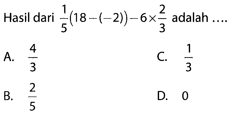 Hasil dari 1/5(18-(-2))-6x2/3 adalah