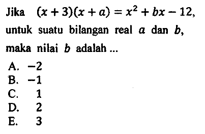Jika  (x+3)(x+a)=x^(2)+b x-12  untuk suatu bilangan real  a  dan  b , maka nilai  b  adalah ...
A.  -2 
B.  -1 
C. 1
D. 2
E. 3