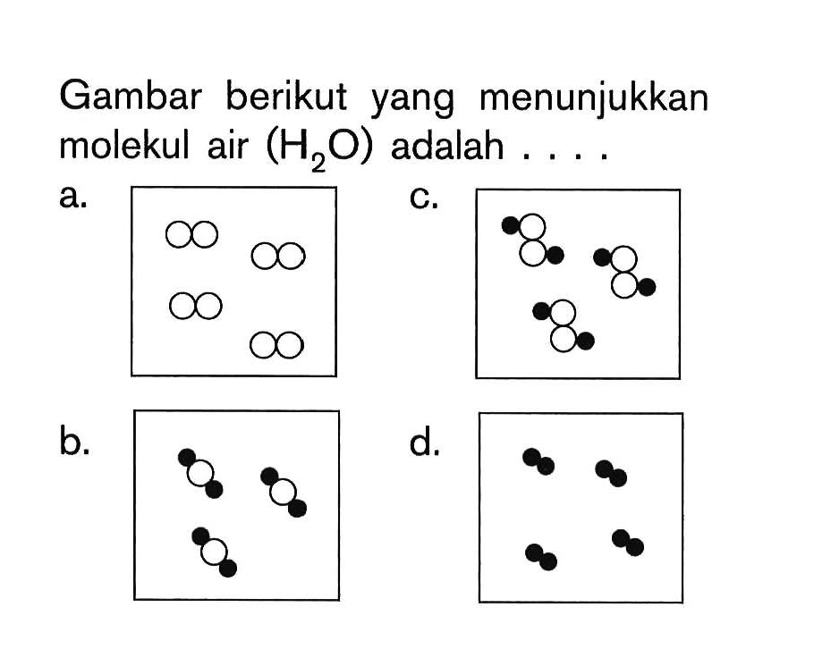 Gambar berikut yang menunjukkan molekul air (H2O) adalah .... 