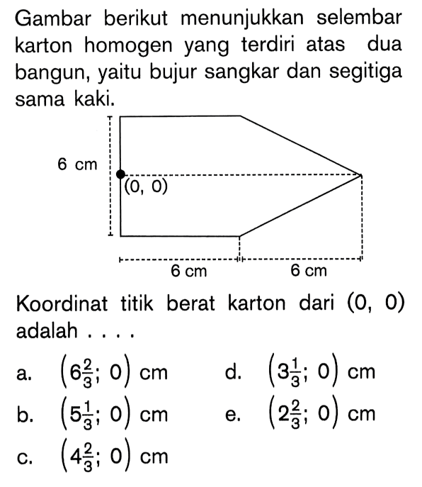 Gambar berikut menunjukkan selembar karton homogen yang terdiri atas dua bangun, yaitu bujur sangkar dan segitiga sama kaki.6 cm (O, 0) 6 cm 6 cmKoordinat titik berat karton dari (0,0) adalah ....