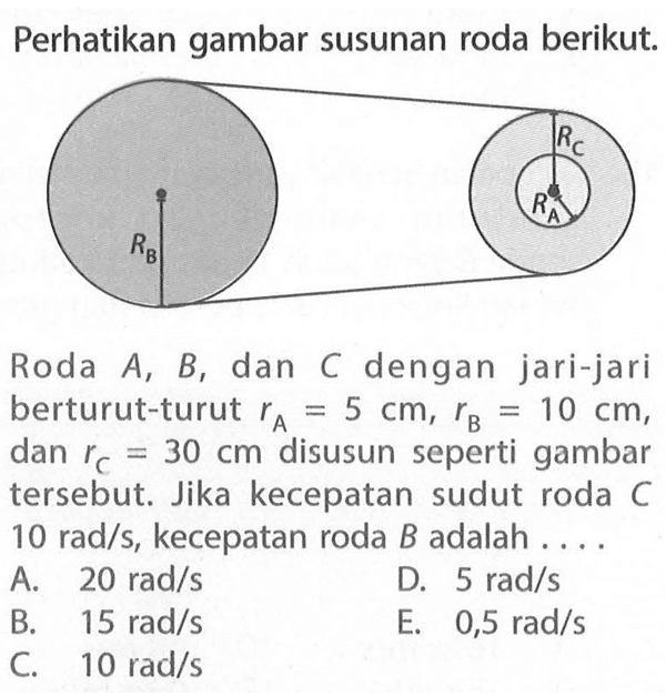 Perhatikan gambar susunan roda berikut. RC RB RA Roda A, B, dan C dengan jari-jari berturut-turut rA = 5 cm, rB = 10 cm, dan rC = 30 cm disusun seperti gambar tersebut. Jika kecepatan sudut roda C 10 rad/s, kecepatan roda B adalah ...