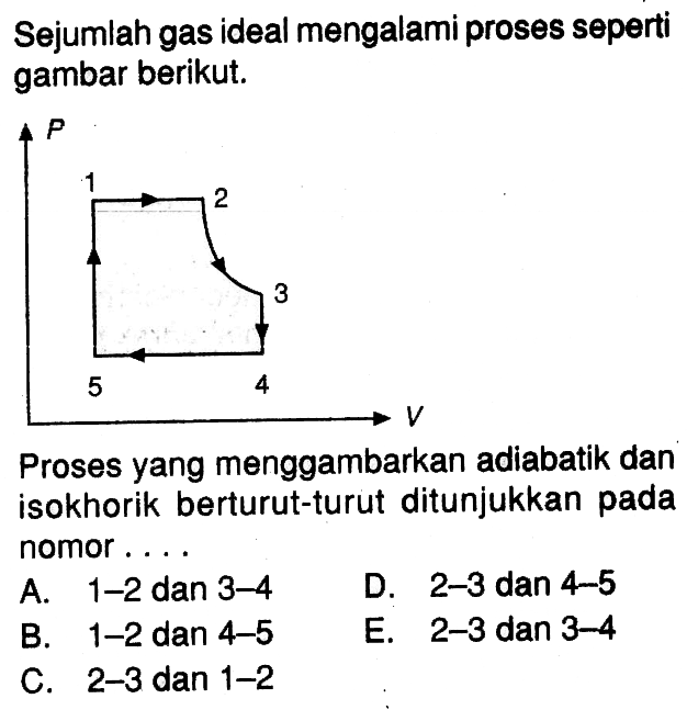 Sejumlah gas ideal mengalami proses seperti gambar berikut.P V 1 2 3 5 4 Proses yang menggambarkan adiabatik dan isokhorik berturut-turut ditunjukkan pada nomor....A. 1-2  dan 3-4D. 2-3  dan 4-5B. 1-2  dan 4-5E. 2-3  dan 3-4C. 2-3  dan 1-2 
