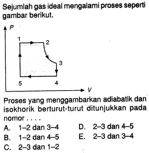 Sejumlah gas ideal mengalami proses seperti gambar berikut.Proses yang menggambarkan adiabatik dan isokhorik berturut-turut ditunjukkan pada nomor ...A. 1-2 dan 3-4 D. 2-3 dan 4-5B. 1-2 dan 4-5E. 2-3 dan 3-4C. 2-3 dan 1-2 