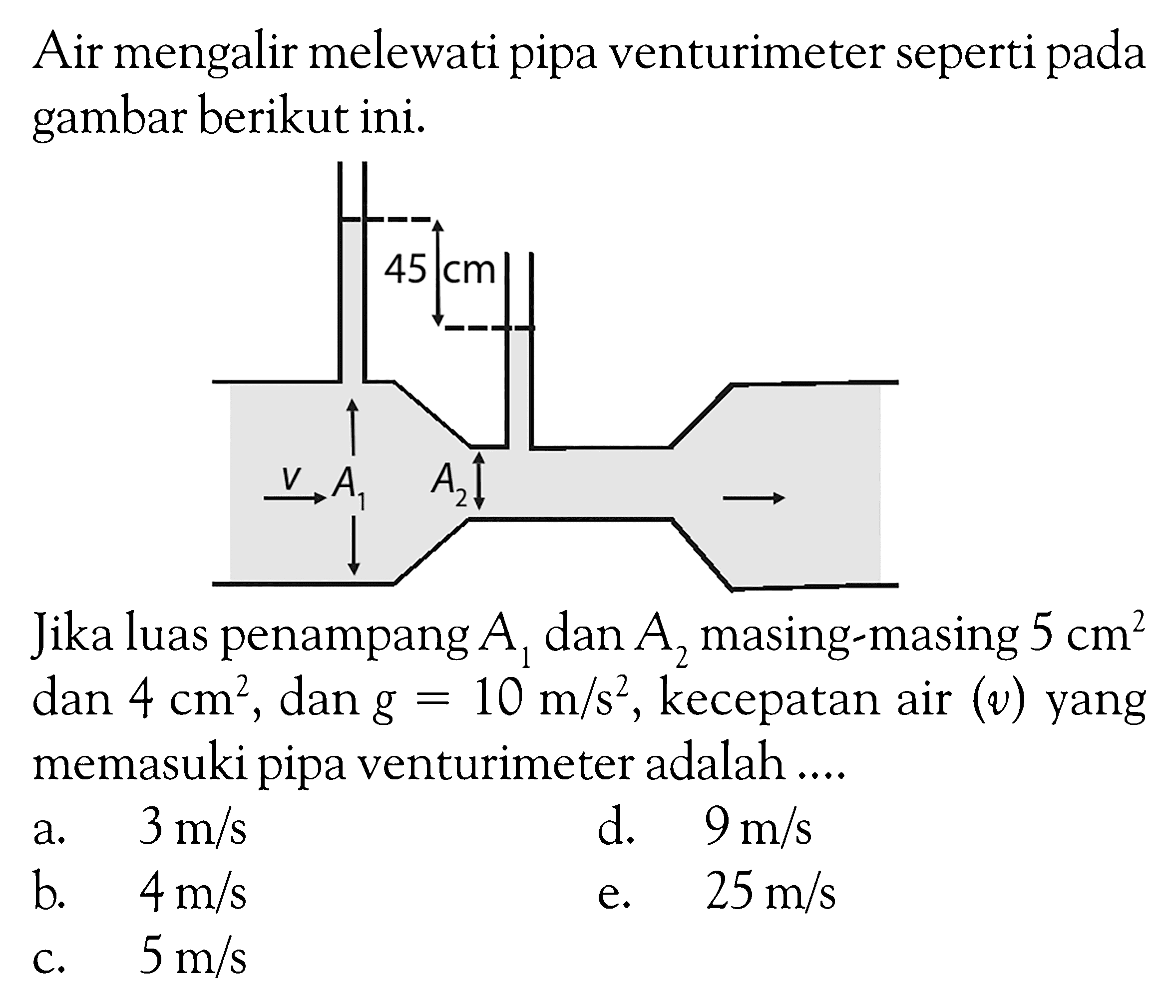 Air mengalir melewati pipa venturimeter seperti pada gambar berikut ini.45 cm v A1 A2 Jika luas penampang  A1  dan  A2  masing-masing  5 cm^2  dan  4 cm^2 , dan  g=10 m/s^2 , kecepatan air  (v)  yang memasuki pipa venturimeter adalah .... a.   3 m/s d.   9 m/s b.   4 m/s e.  25 m/s c.  5 m/s 