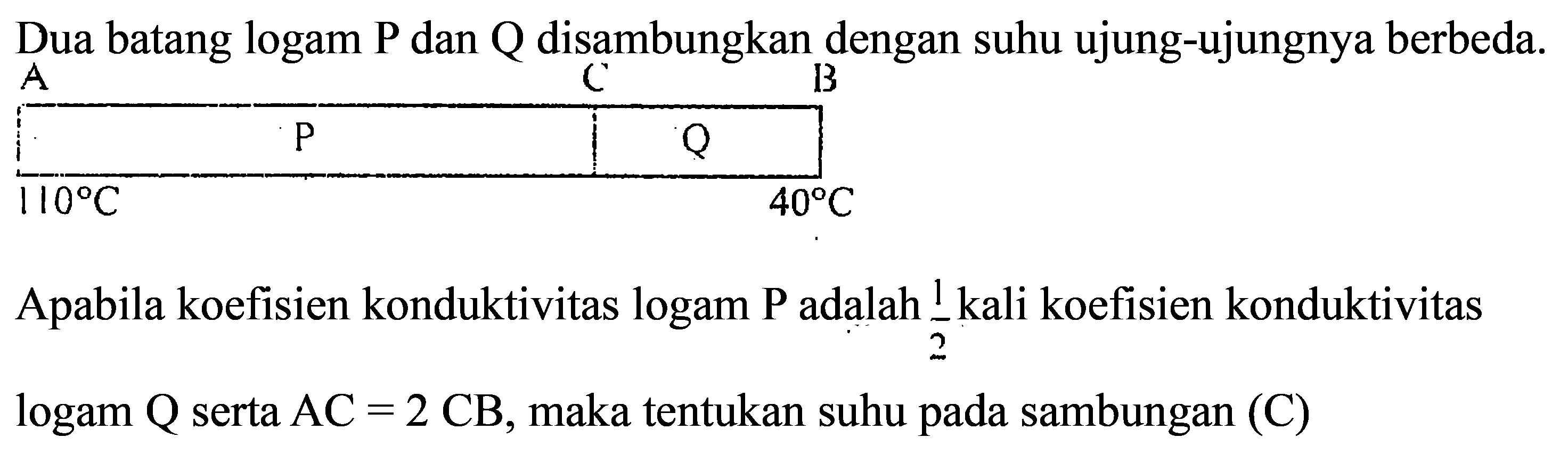 Dua batang logam P dan Q disambungkan dengan suhu ujung-ujungnya berbeda.A P C Q B  110 C    40 C Apabila koefisien konduktivitas logam P adalah  1/2  kali koefisien konduktivitaslogam  Q  serta  A C=2 C B , maka tentukan suhu pada sambungan  (C) 