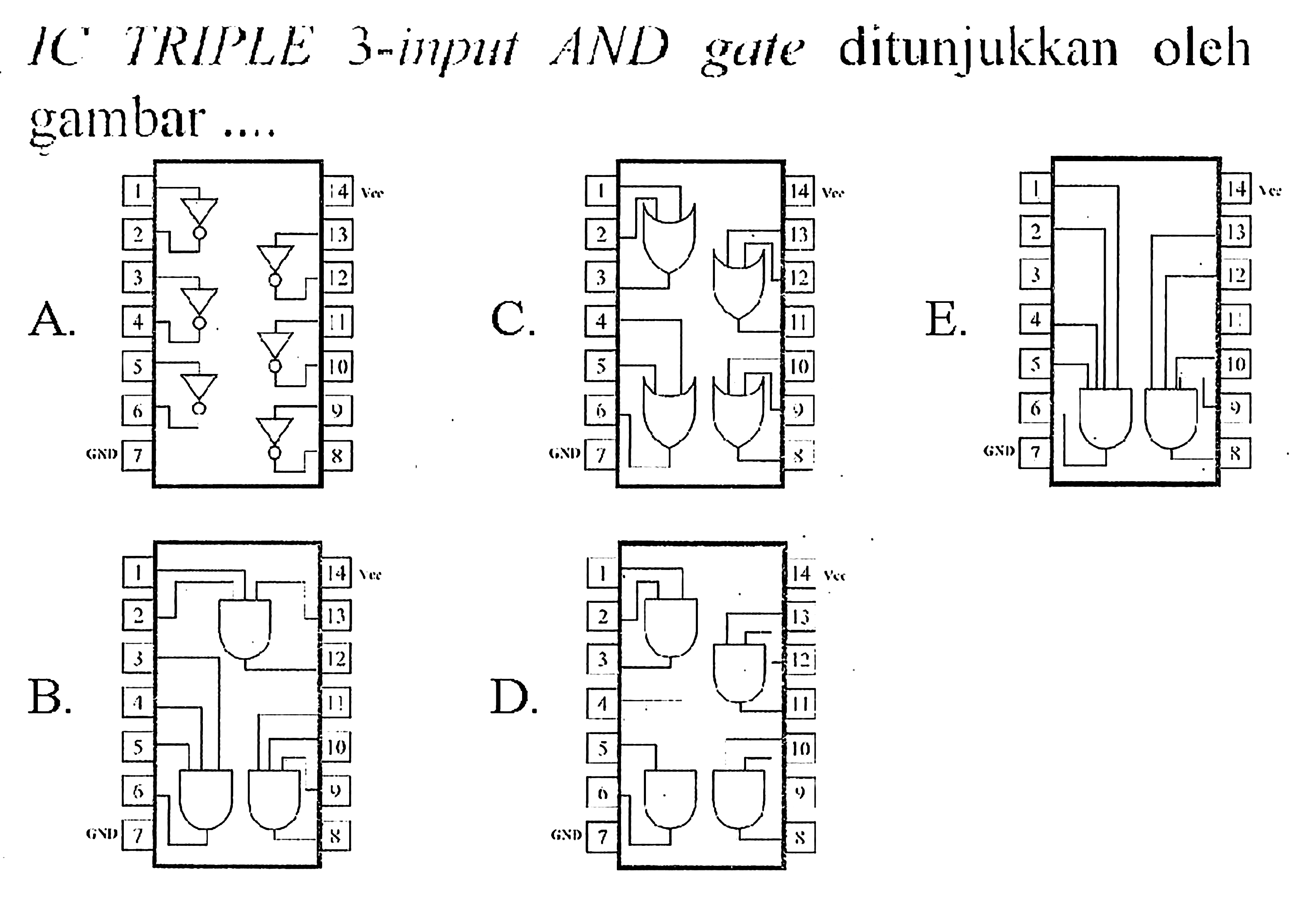 IC TRIPLE 3-input AND gate ditunjukkan oleh gambar....A. B. C. D. E.