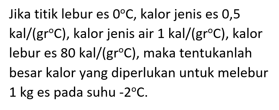 Jika titik lebur es 0 C, kalor jenis es 0,5 kal/(gr C), kalor jenis air 1 kal/(gr C), kalor lebur es 80 kal/(gr C), maka tentukanlah besar kalor yang diperlukan untuk melebur 1 kg es pada suhu -2 C.