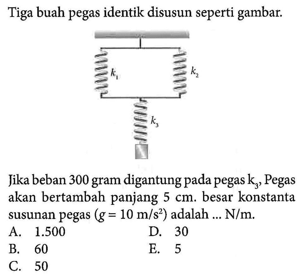 Tiga buah pegas identik disusun seperti gambar. k1 k2 k3 Jika beban 300 gram digantung pada pegas k3, Pegas akan bertambah panjang 5 cm. besar konstanta susunan pegas (g=10 m/s^2) adalah ... N/m. 