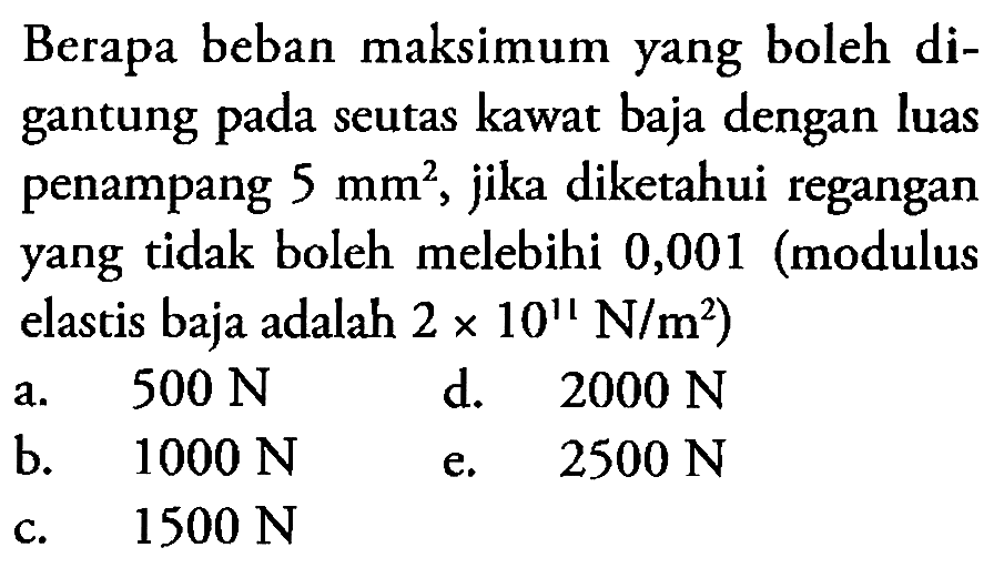 Berapa beban maksimum yang boleh digantung pada seutas kawat baja dengan luas penampang 5 mm^2 jika diketahui regangan yang tidak boleh melebihi 0,001 (modulus elastis baja adalah 2 x 10^11 N/m^2)