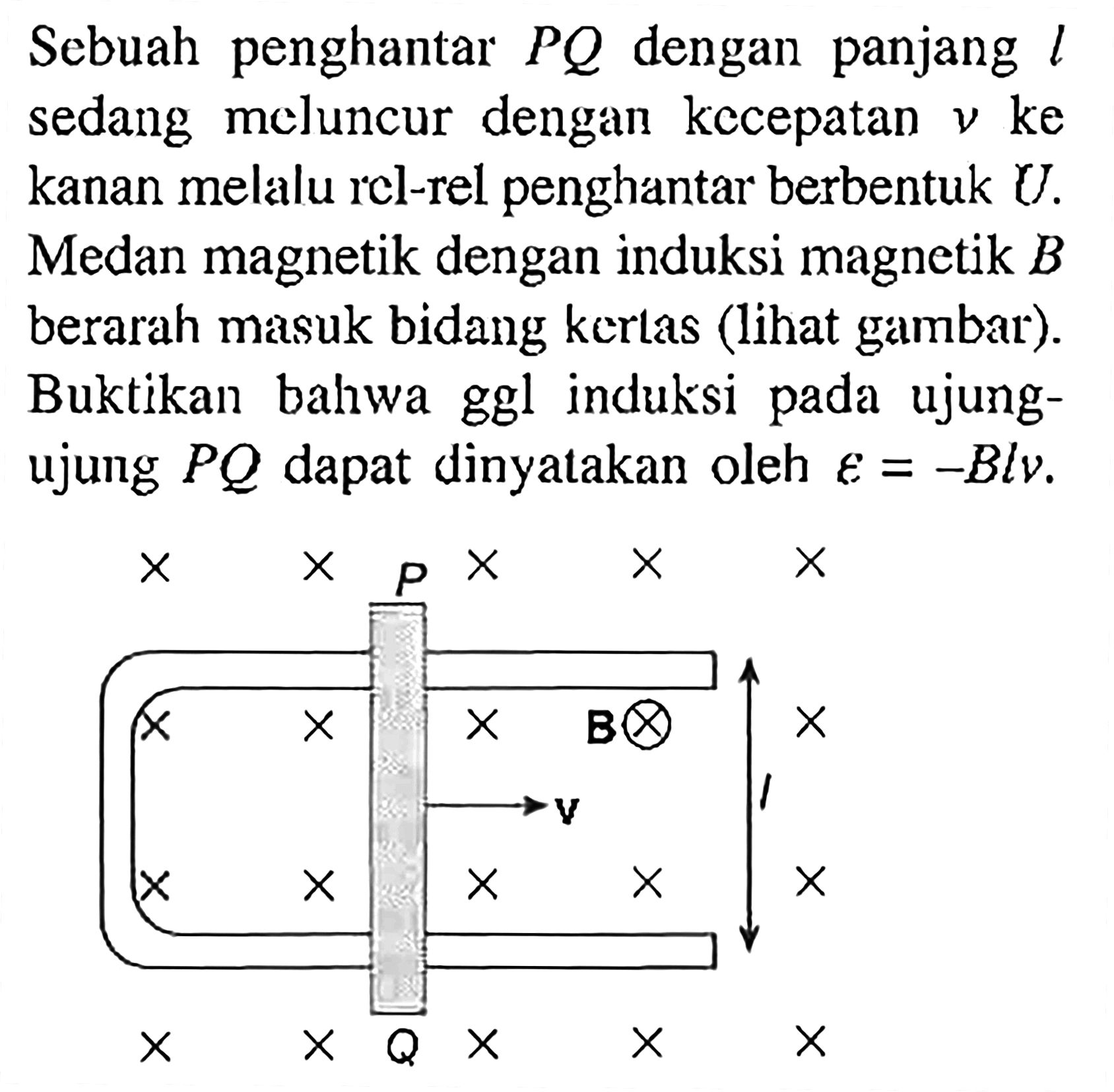 Sebuah penghantar PQ dengan panjang l sedang meluncur dengan kccepatan v ke kanan melalu rel-rel penghantar berbentuk U. Medan magnetik dengan induksi magnetik B berarah masuk bidang kertas (lihat gambar). Buktikan bahwa ggl induksi pada ujung- ujung PQ dapat dinyatakan oleh e = -Blv. P B l v Q