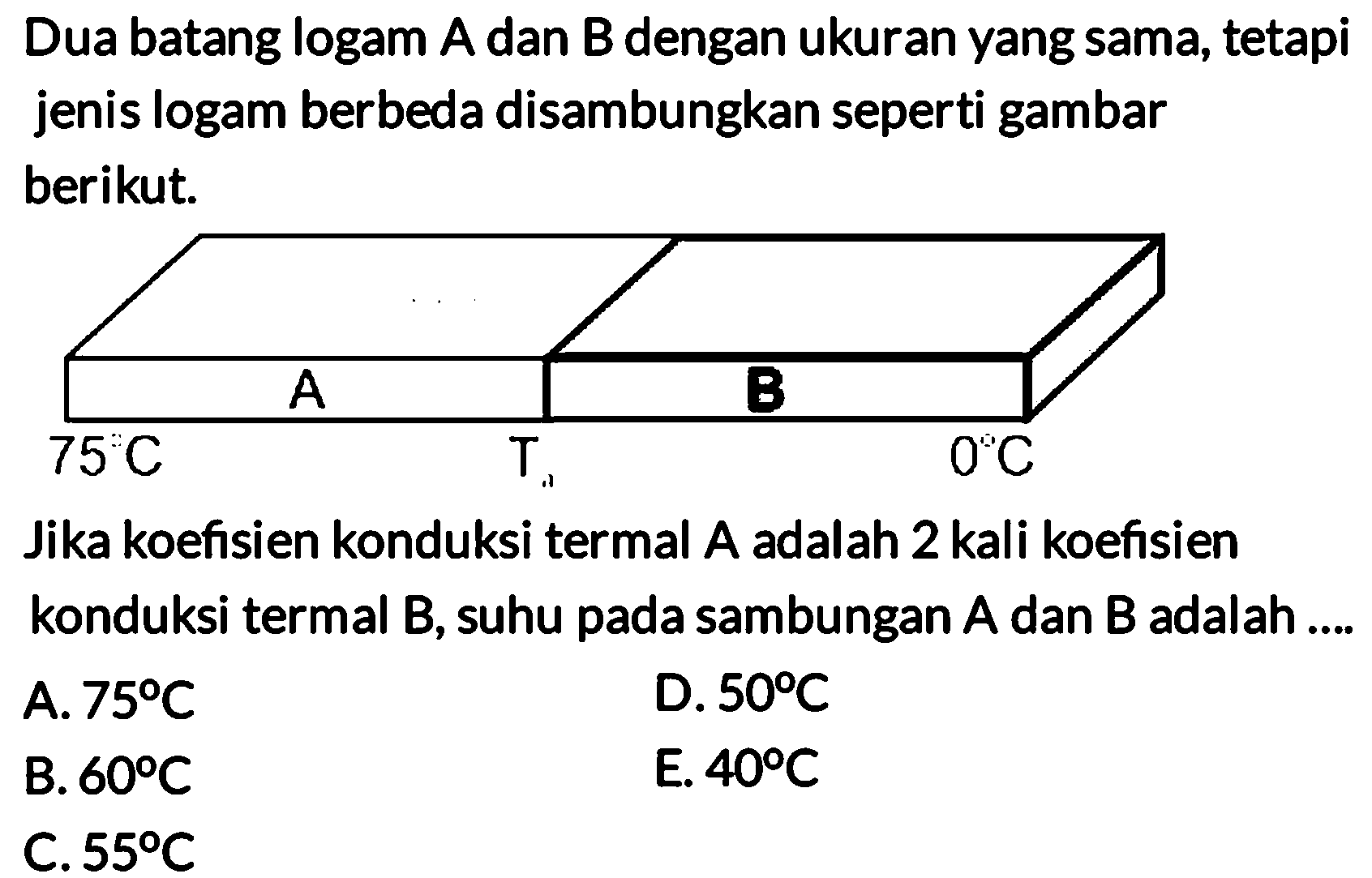 Dua batang logam A dan B dengan ukuran yang sama, tetapi jenis logam berbeda disambungkan seperti gambar berikut. 
A B 75 C T 0 C 
Jika koefisien konduksi termal A adalah 2 kali koefisien konduksi termal B, suhu pada sambungan A dan B adalah 
A. 75 C 
D. 50 C 
B. 60 C 
E. 40 C 
C. 55 C