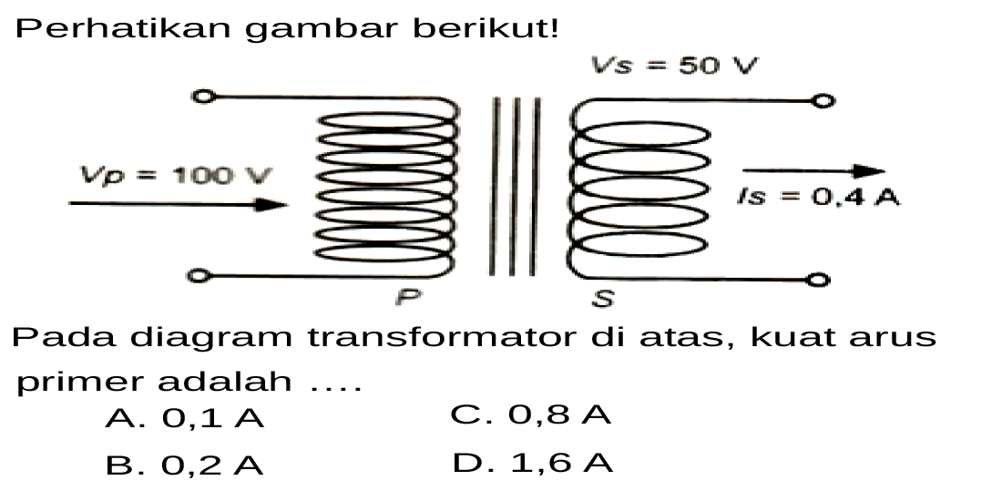 Perhatikan gambar berikut!Pada diagram transformator di atas, kuat arus primer adalah ....
