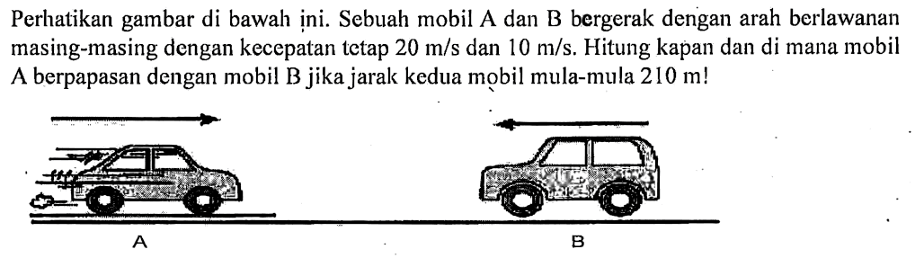 Perhatikan gambar di bawah ini. Sebuah mobil A dan B bergerak dengan arah berlawanan masing-masing dengan kecepatan tetap 20 m/s dan 10 m/s. Hitung kapan dan di mana mobil berpapasan dengan mobil B jika jarak kedua mula-mula 210 m!