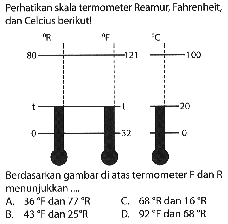 Perhatikan skala termometer Reamur, Fahrenheit, dan Celcius berikut ! Berdasarkan gambar di atas termometer F dan R menunjukkan ....