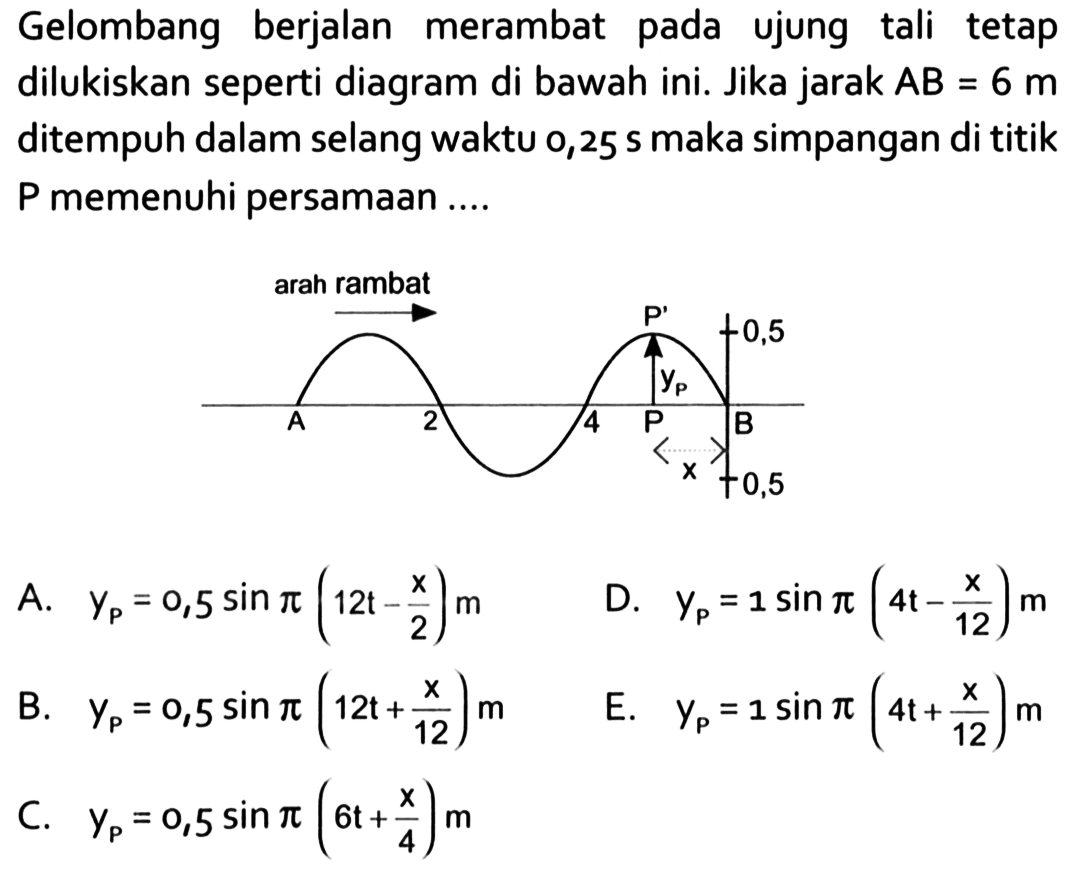 Gelombang berjalan merambat pada ujung tali tetap dilukiskan seperti diagram di bawah ini. +0,5 -0,5 Jika jarak AB=6 m ditempuh dalam selang waktu 0,25 s maka simpangan di titik P memenuhi persamaan ....