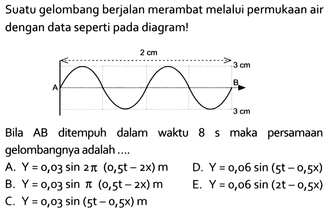 Suatu gelombang berjalan merambat melalui permukaan air dengan data seperti pada diagram! 2 cm 3 cm A B 3 cm Bila AB ditempuh dalam waktu 8 s maka persamaan gelombangnya adalah.... A. Y=0,03 sin(2 pi (0,5t-2x)) m 
B. Y=0,03 sin(pi (0,5t-2x)) m 
C. Y=0,03 sin(5t-0,5x) m 
D. Y=0,06 sin(5t-0,5x) 
E. Y=0,06 sin(2t-0,5x)