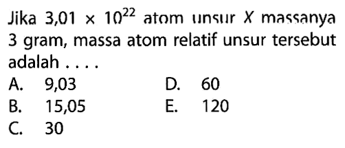 Jika 3,01x10^22 atom unsur X massanya 3 gram, massa atom relatif unsur tersebut adalah ...