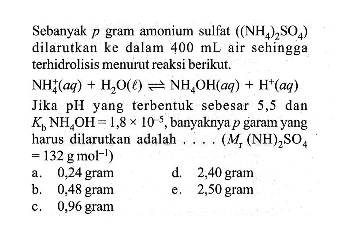 Sebanyak p gram amonium sulfat ((NH4)2SO4) dilarutkan ke dalam 400 mL air sehingga terhidrolisis menurut reaksi berikut.NH4^+(aq)+H2O(l) <=> NH4OH(aq)+H^+(aq)Jika pH yang terbentuk sebesar 5,5 dan Kb NH4OH=1,8 x 10^-5, banyaknya p garam yang harus dilarutkan adalah  .... .(Mr(NH)2SO4 =132 g mol^-1 ) 