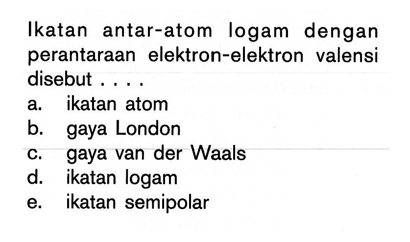 Ikatan antar-atom logam dengan perantaraan elektron-elektron valensi disebut . . . .