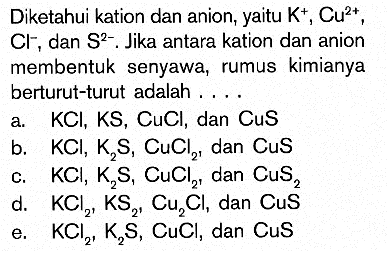 Diketahui kation dan anion, yaitu  K^+, Cu^2+ , Cl^- , dan S^2- . Jika antara kation dan anion membentuk senyawa, rumus kimianya berturut-turut adalah .... a. KCl, KS, CuCl, dan CuS b. KCl, K2S, CuCl2, dan CuS c. KCl, K2S, CuCl2, dan CuS2 d. KCl2, KS2, Cu2Cl, dan CuS e. KCl2, K2S, CuCl, dan CuS 
